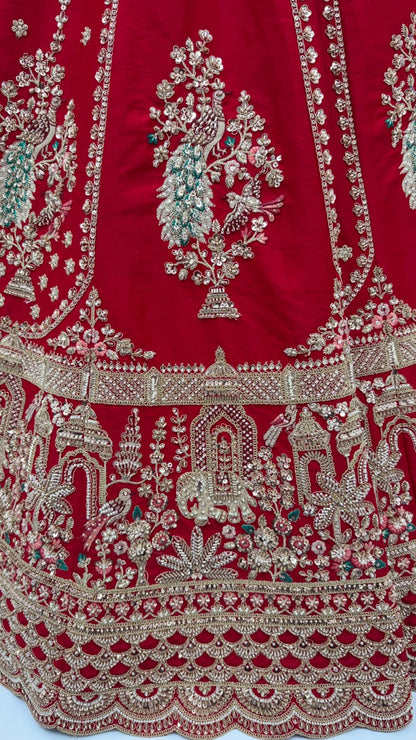Red Pure Gadhwal Silk Peacock Pattern Handwork Motif Sequins Work Bridal Lehenga Choli
