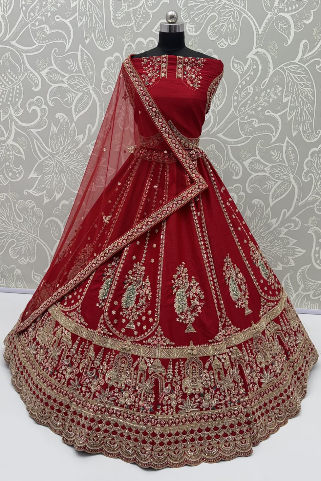 Red Pure Gadhwal Silk Peacock Pattern Handwork Motif Sequins Work Bridal Lehenga Choli
