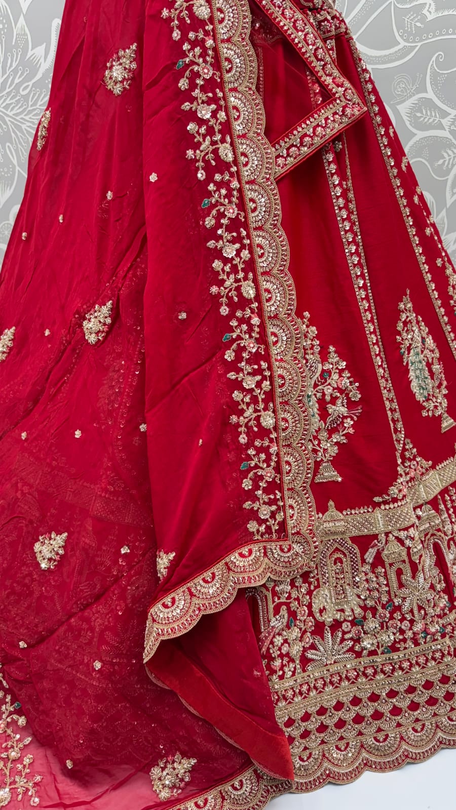 Red Pure Gadhwal Silk Peacock Pattern Handwork Motif Sequins Work Bridal Lehenga Choli