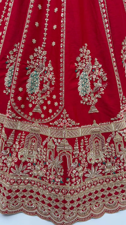 Red Pure Gadhwal Silk Peacock Pattern Handwork Motif Sequins Work Bridal Lehenga Choli