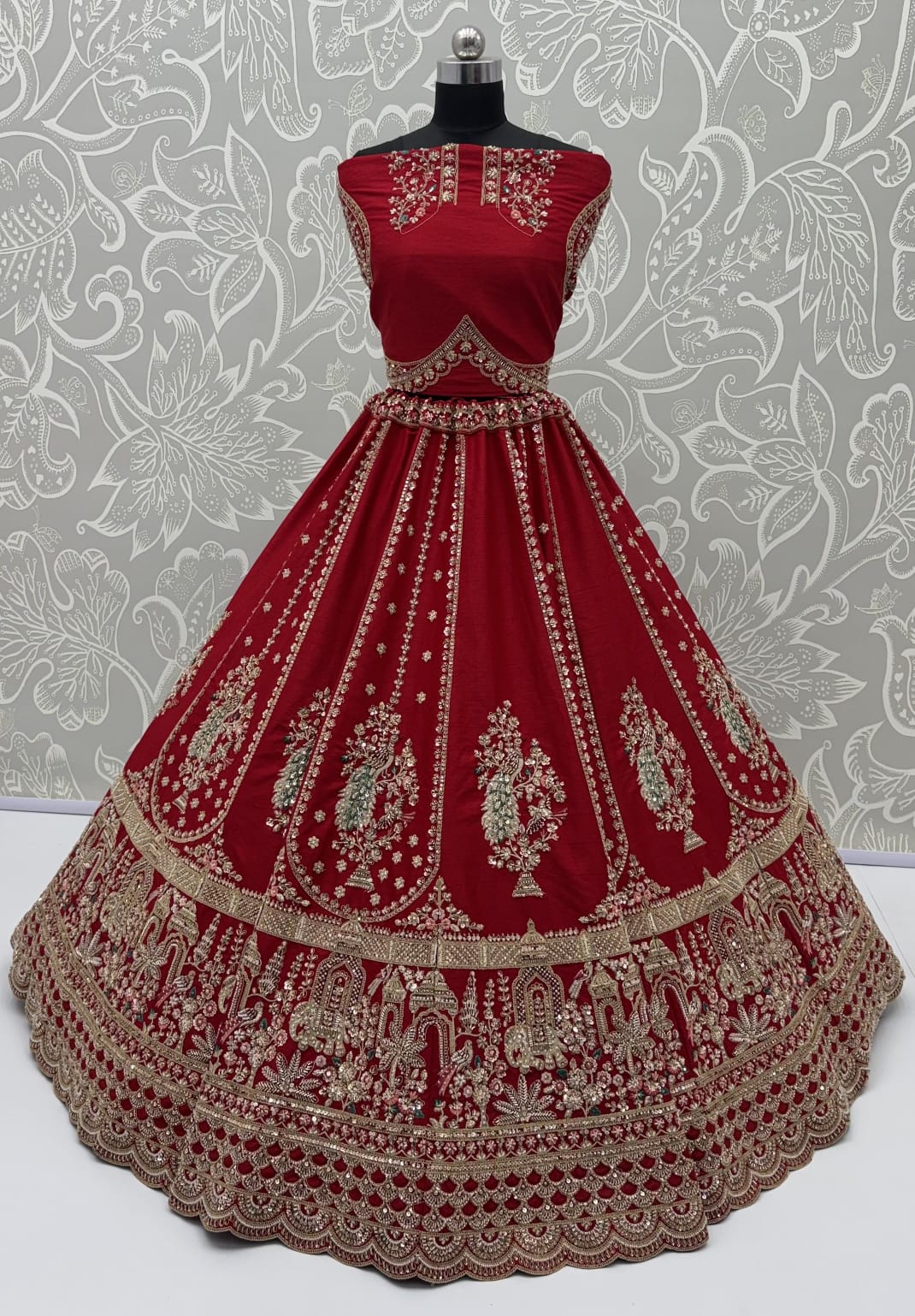 Red Pure Gadhwal Silk Peacock Pattern Handwork Motif Sequins Work Bridal Lehenga Choli