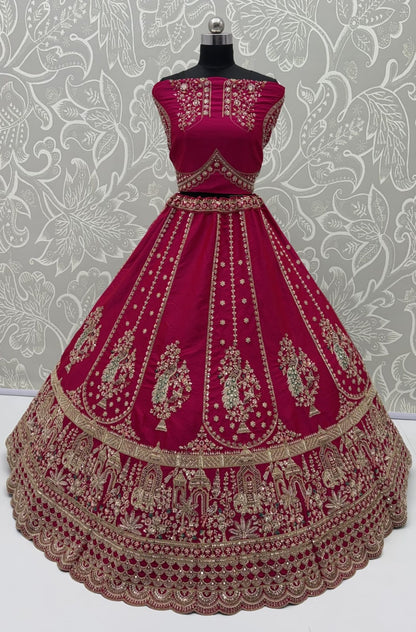 Rani Pink Pure Gadhwal Silk Peacock Pattern Handwork Motif Sequins Work Bridal Lehenga Choli