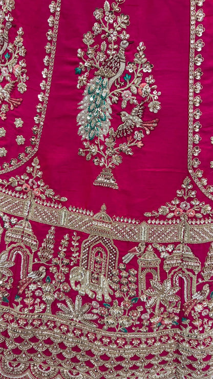 Rani Pink Pure Gadhwal Silk Peacock Pattern Handwork Motif Sequins Work Bridal Lehenga Choli