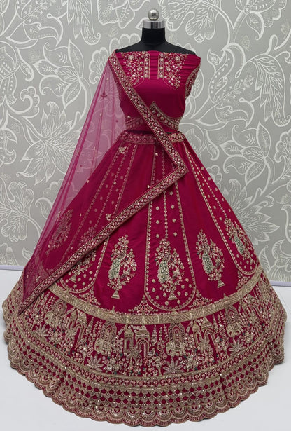 Rani Pink Pure Gadhwal Silk Peacock Pattern Handwork Motif Sequins Work Bridal Lehenga Choli