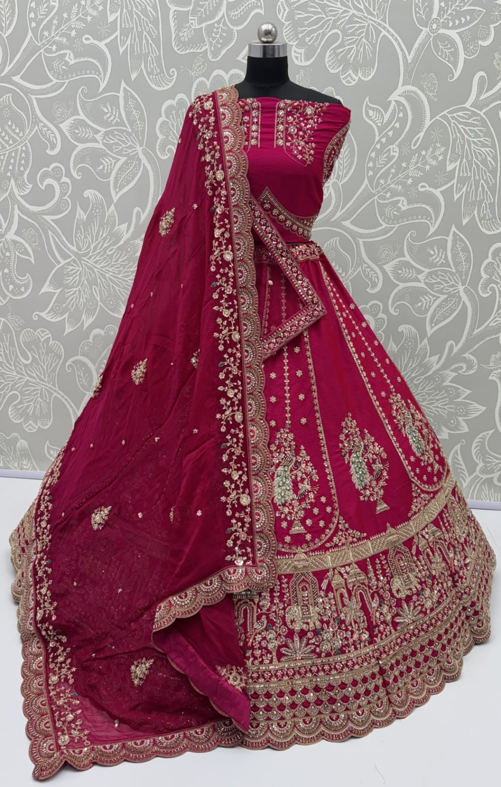 Rani Pink Pure Gadhwal Silk Peacock Pattern Handwork Motif Sequins Work Bridal Lehenga Choli