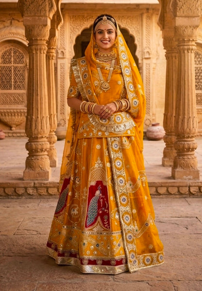 Mustard Pure Georgette 08 Mtr Flair Jaru Multi Work Rajasthani Rajwadi Rajputi Lehenga Choli