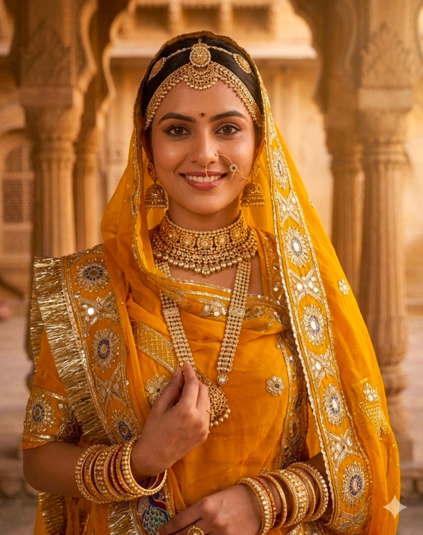 Mustard Pure Georgette 08 Mtr Flair Jaru Multi Work Rajasthani Rajwadi Rajputi Lehenga Choli