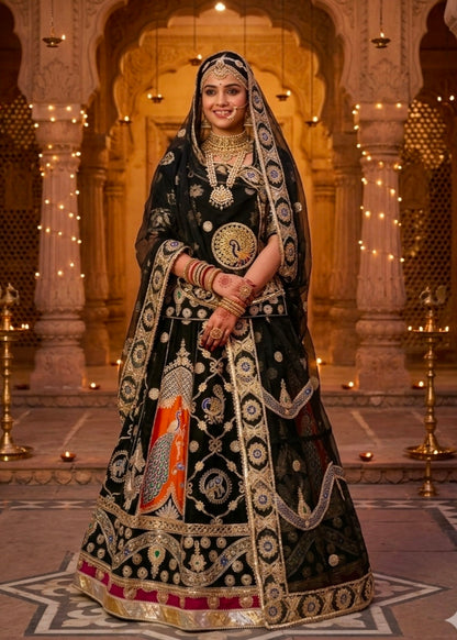 Black Pure Georgette 08 Mtr Flair Jaru Multi Work Rajasthani Rajwadi Rajputi Lehenga Choli