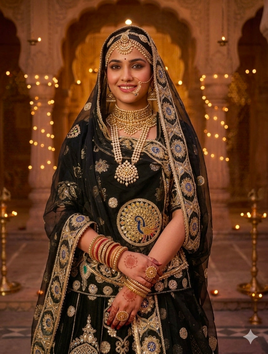 Black Pure Georgette 08 Mtr Flair Jaru Multi Work Rajasthani Rajwadi Rajputi Lehenga Choli