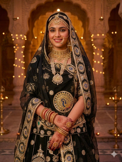 Black Pure Georgette 08 Mtr Flair Jaru Multi Work Rajasthani Rajwadi Rajputi Lehenga Choli