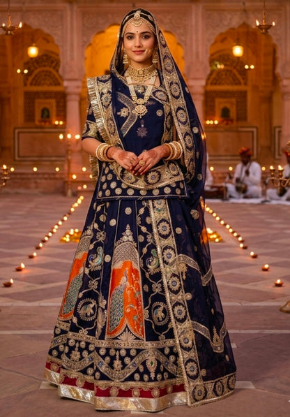 Navy Blue Pure Georgette 08 Mtr Flair Jaru Multi Work Rajasthani Rajwadi Rajputi Lehenga Choli
