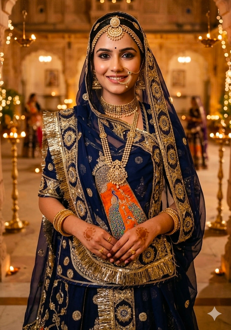 Navy Blue Pure Georgette 08 Mtr Flair Jaru Multi Work Rajasthani Rajwadi Rajputi Lehenga Choli