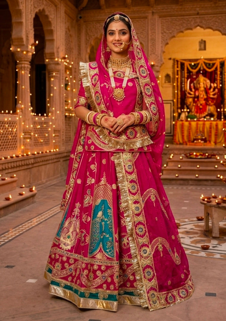 Pink Pure Georgette 08 Mtr Flair Jaru Multi Work Rajasthani Rajwadi Rajputi Lehenga Choli