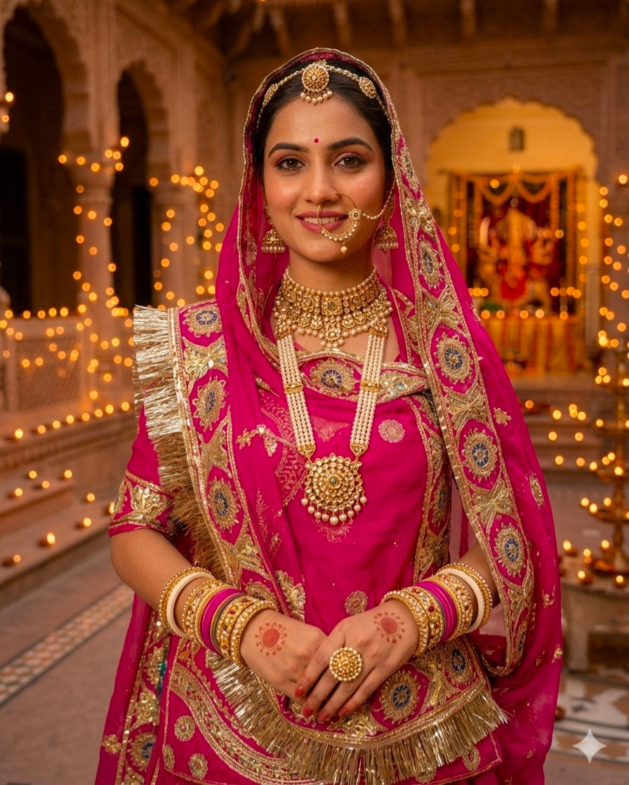 Pink Pure Georgette 08 Mtr Flair Jaru Multi Work Rajasthani Rajwadi Rajputi Lehenga Choli