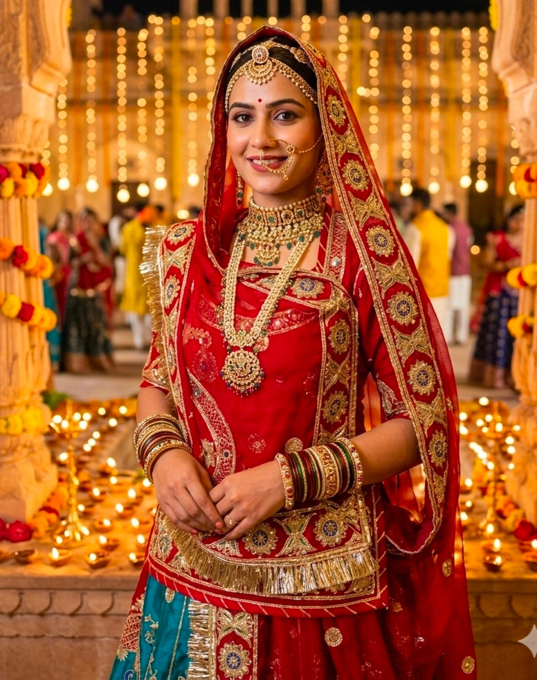 Red Pure Georgette 08 Mtr Flair Jaru Multi Work Rajasthani Rajwadi Rajputi Lehenga Choli