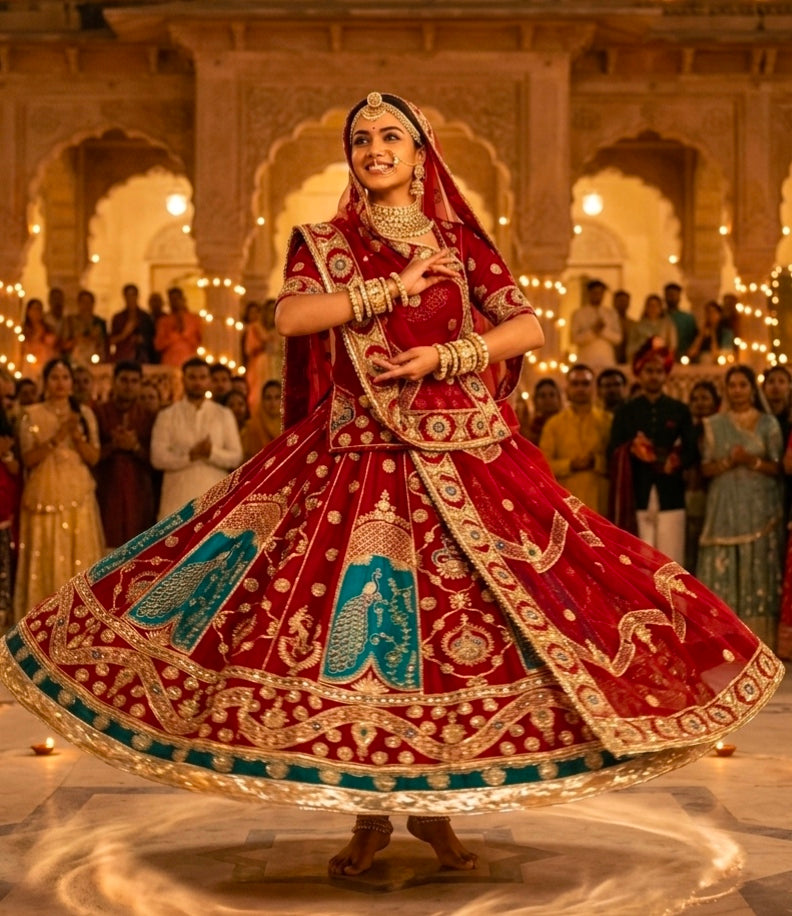 Red Pure Georgette 08 Mtr Flair Jaru Multi Work Rajasthani Rajwadi Rajputi Lehenga Choli