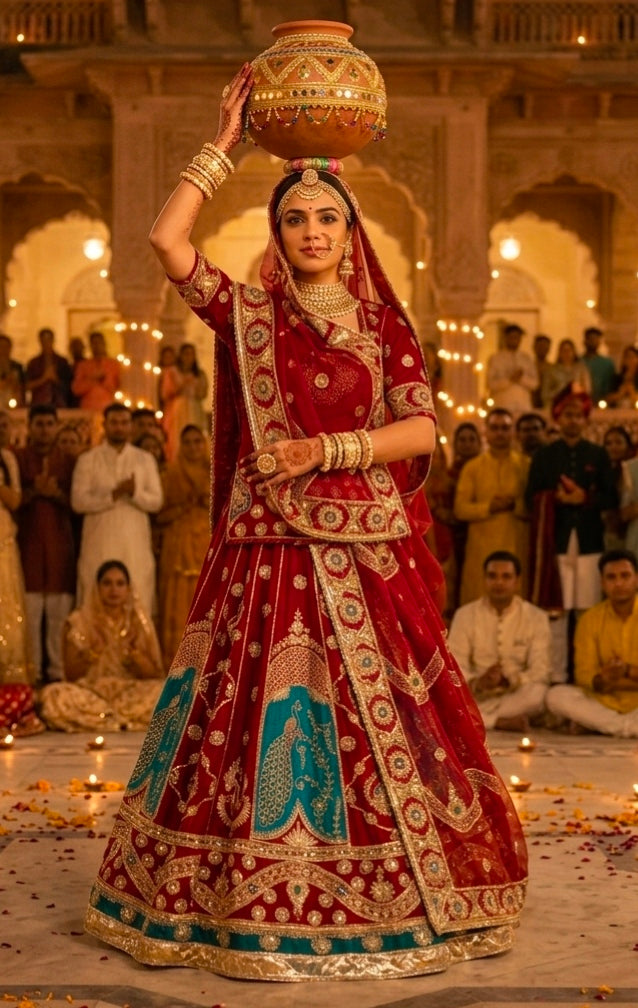 Red Pure Georgette 08 Mtr Flair Jaru Multi Work Rajasthani Rajwadi Rajputi Lehenga Choli