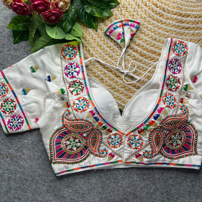 White Pure Heavy Italian Silk Heavy Thread + Real Mirror Work Navratri Blouse