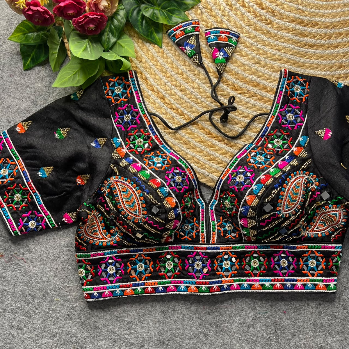 Black Pure Heavy Italian Silk Heavy Thread + Real Mirror Work Navratri Blouse