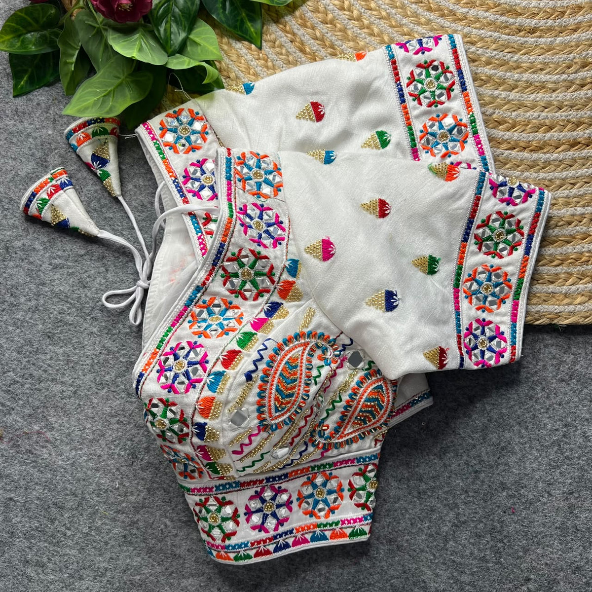 White Pure Heavy Italian Silk Heavy Thread + Real Mirror Work Navratri Blouse