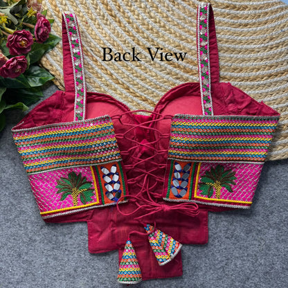 Red Pure Heavy Italian Silk Heavy Thread Real Mirror Corset Style Navratri Blouse