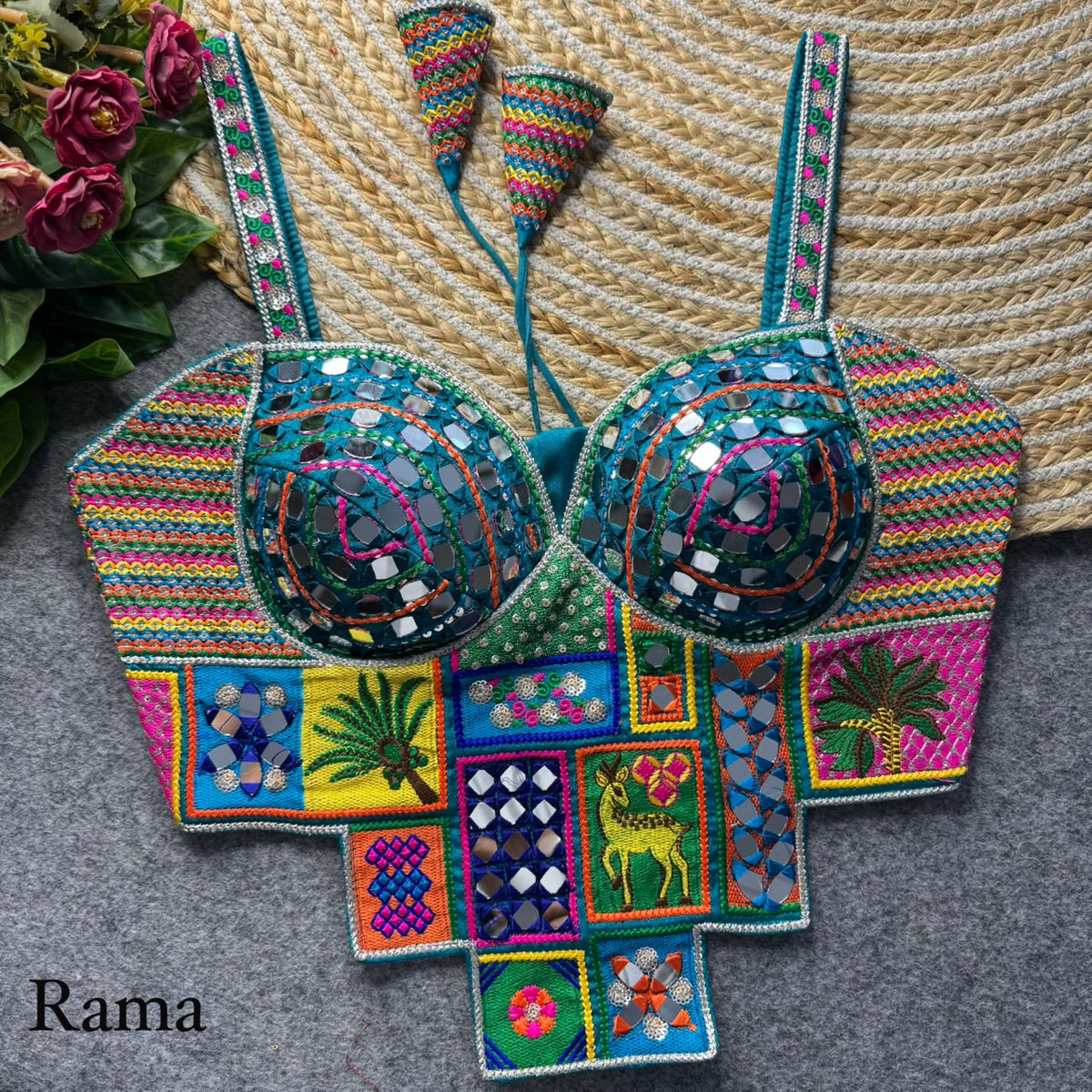 Rama Pure Heavy Italian Silk Heavy Thread Real Mirror Corset Style Navratri Blouse