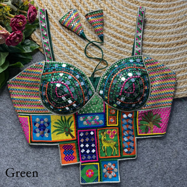 Green Pure Heavy Italian Silk Heavy Thread Real Mirror Corset Style Navratri Blouse