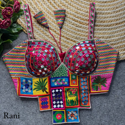 Rani Pure Heavy Italian Silk Heavy Thread Real Mirror Corset Style Navratri Blouse