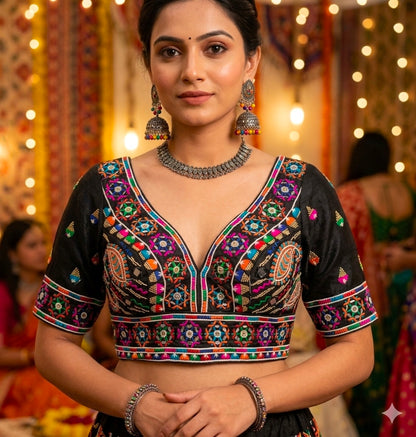Black Pure Heavy Italian Silk Heavy Thread + Real Mirror Work Navratri Blouse