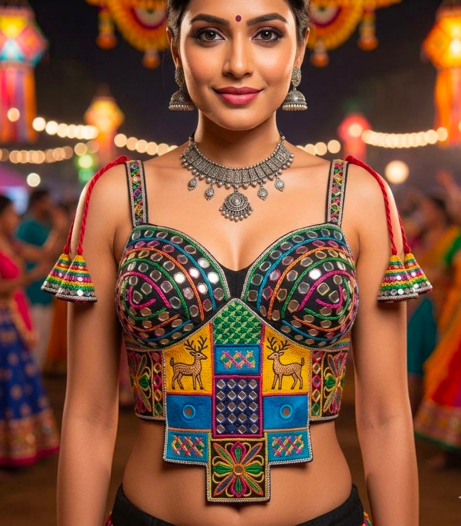 Black Pure Heavy Italian Silk Heavy Thread Real Mirror Corset Style Navratri Blouse