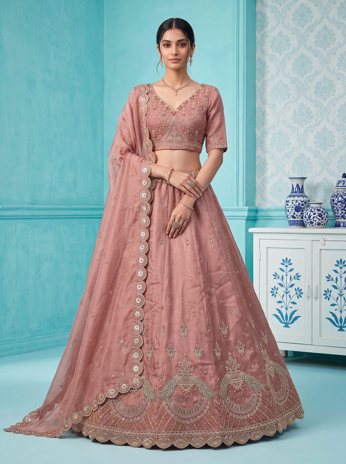 Pink Pure Chandnia Silk Handwork Motif Peacock Pattern Crystal Beads Multi Thread Dori &amp; Sequins Work Bridal Lehenga Choli