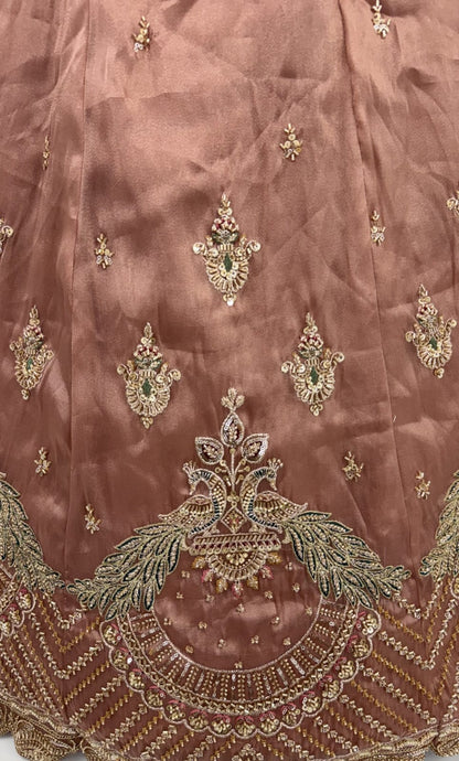 Pink Pure Chandnia Silk Handwork Motif Peacock Pattern Crystal Beads Multi Thread Dori &amp; Sequins Work Bridal Lehenga Choli