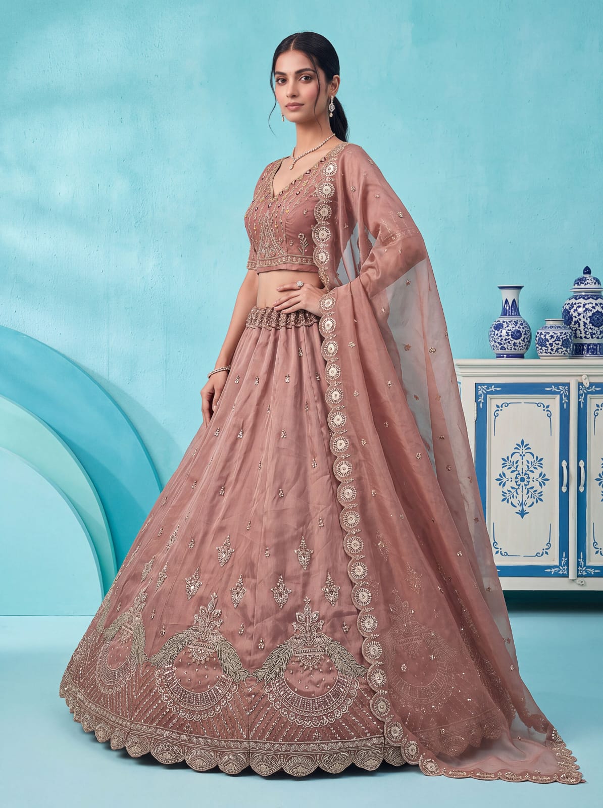 Pink Pure Chandnia Silk Handwork Motif Peacock Pattern Crystal Beads Multi Thread Dori &amp; Sequins Work Bridal Lehenga Choli