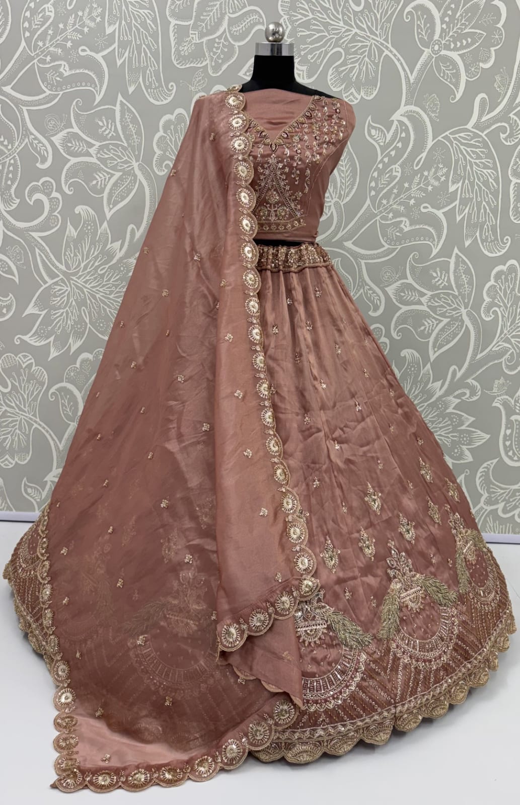 Pink Pure Chandnia Silk Handwork Motif Peacock Pattern Crystal Beads Multi Thread Dori &amp; Sequins Work Bridal Lehenga Choli