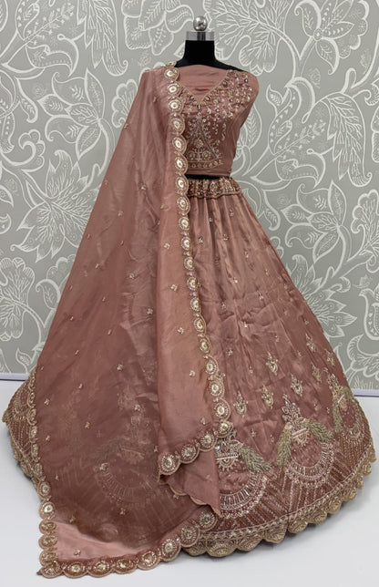 Pink Pure Chandnia Silk Handwork Motif Peacock Pattern Crystal Beads Multi Thread Dori &amp; Sequins Work Bridal Lehenga Choli