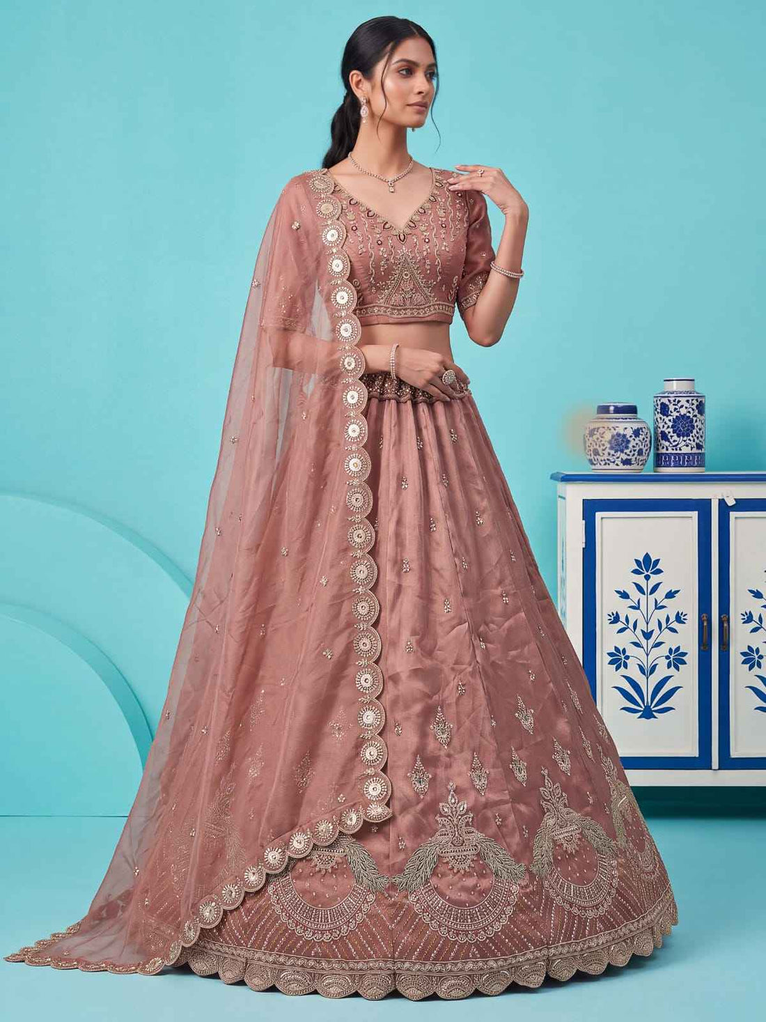 Pink Pure Chandnia Silk Handwork Motif Peacock Pattern Crystal Beads Multi Thread Dori &amp; Sequins Work Bridal Lehenga Choli