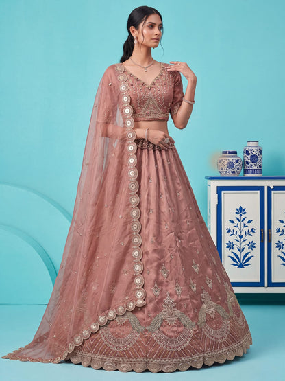 Pink Pure Chandnia Silk Handwork Motif Peacock Pattern Crystal Beads Multi Thread Dori &amp; Sequins Work Bridal Lehenga Choli