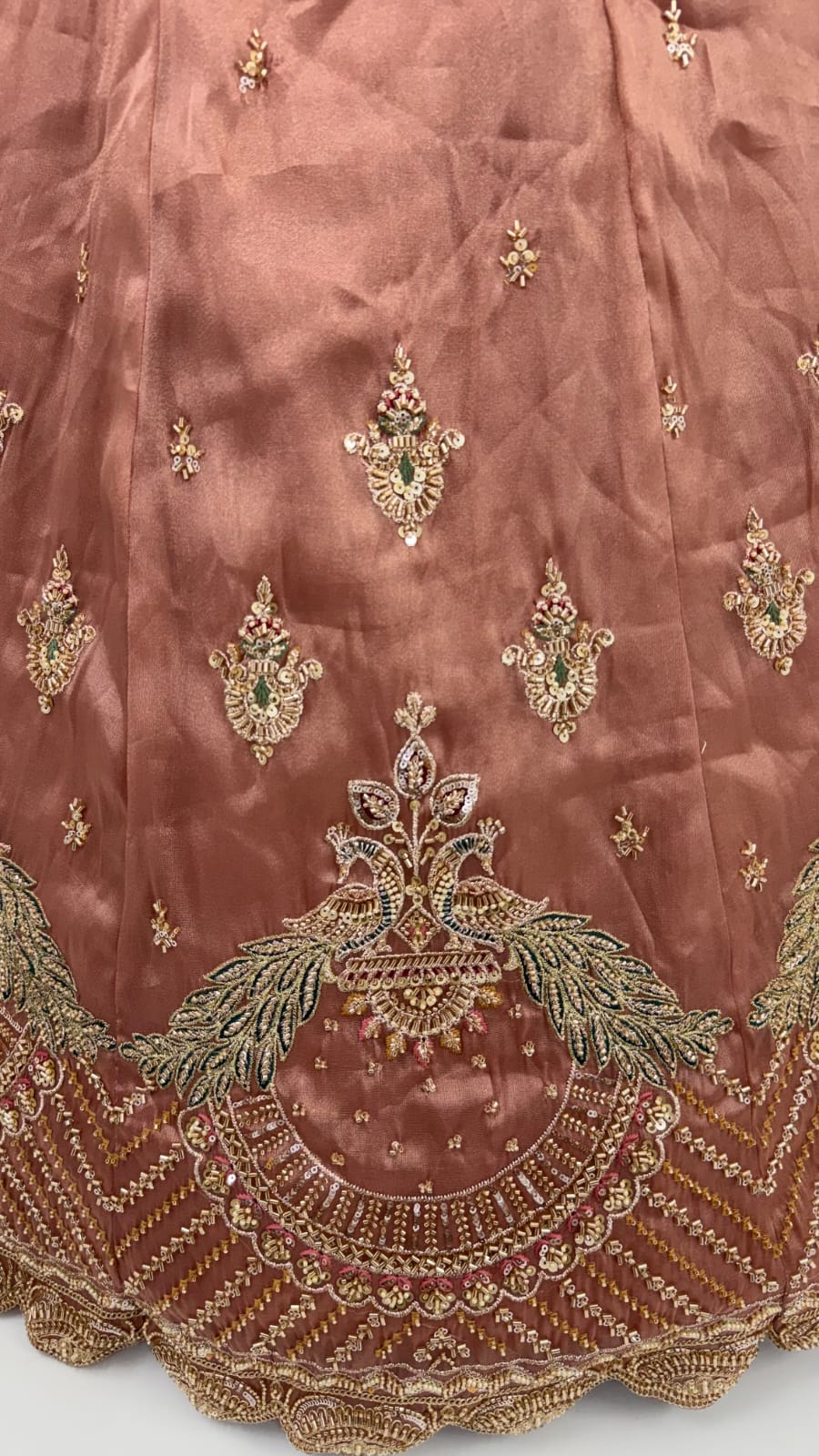 Pink Pure Chandnia Silk Handwork Motif Peacock Pattern Crystal Beads Multi Thread Dori &amp; Sequins Work Bridal Lehenga Choli