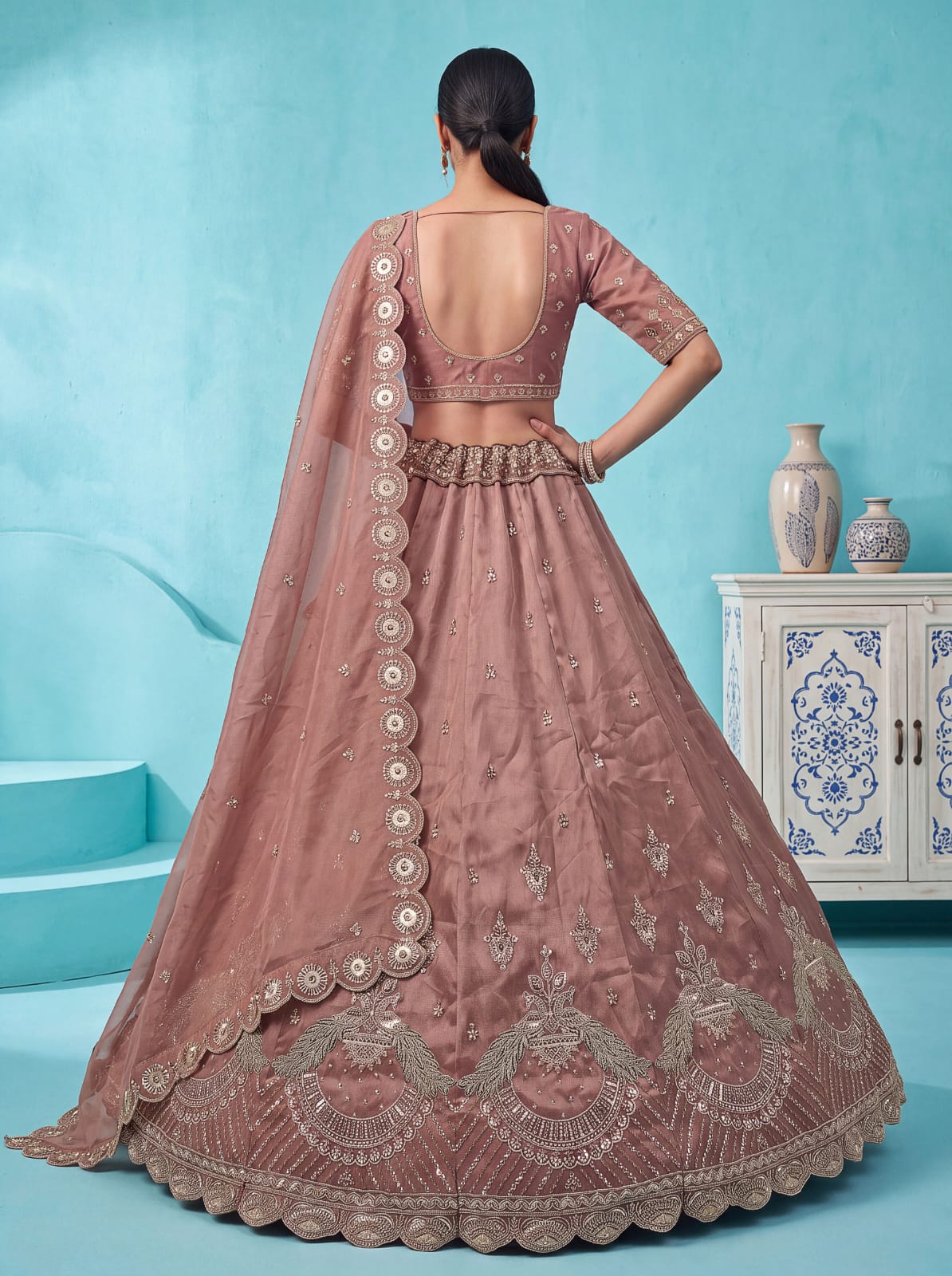 Pink Pure Chandnia Silk Handwork Motif Peacock Pattern Crystal Beads Multi Thread Dori &amp; Sequins Work Bridal Lehenga Choli
