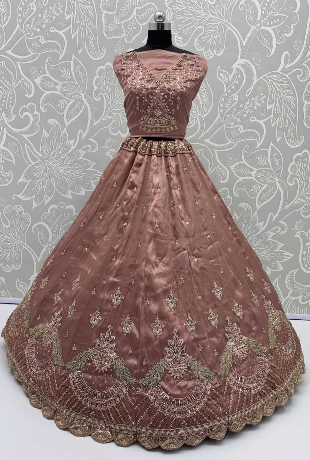 Pink Pure Chandnia Silk Handwork Motif Peacock Pattern Crystal Beads Multi Thread Dori &amp; Sequins Work Bridal Lehenga Choli