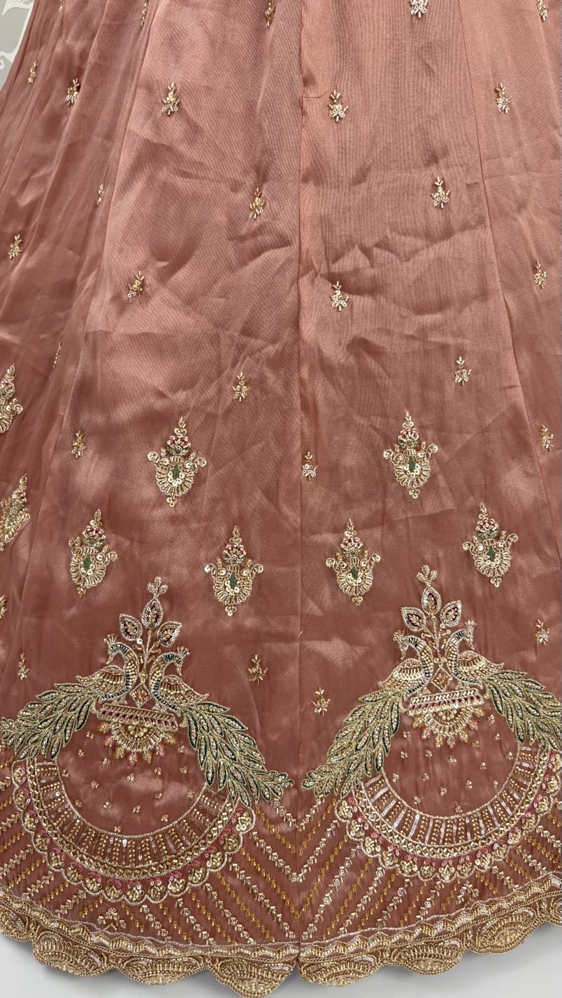 Pink Pure Chandnia Silk Handwork Motif Peacock Pattern Crystal Beads Multi Thread Dori &amp; Sequins Work Bridal Lehenga Choli