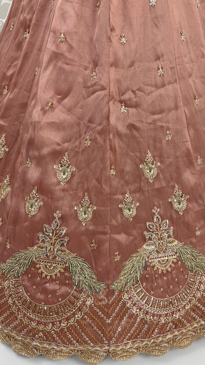 Pink Pure Chandnia Silk Handwork Motif Peacock Pattern Crystal Beads Multi Thread Dori &amp; Sequins Work Bridal Lehenga Choli