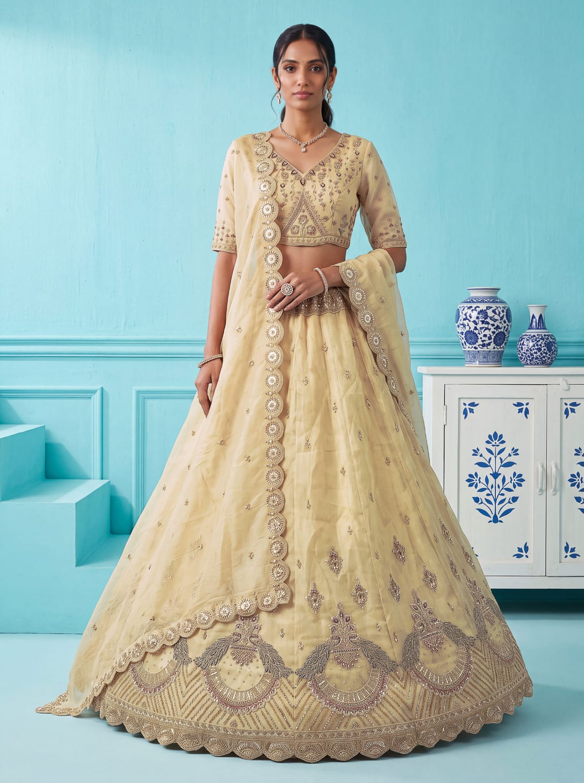 Off White Pure Chandnia Silk Handwork Motif Peacock Pattern Crystal Beads Multi Thread Dori &amp; Sequins Work Bridal Lehenga Choli