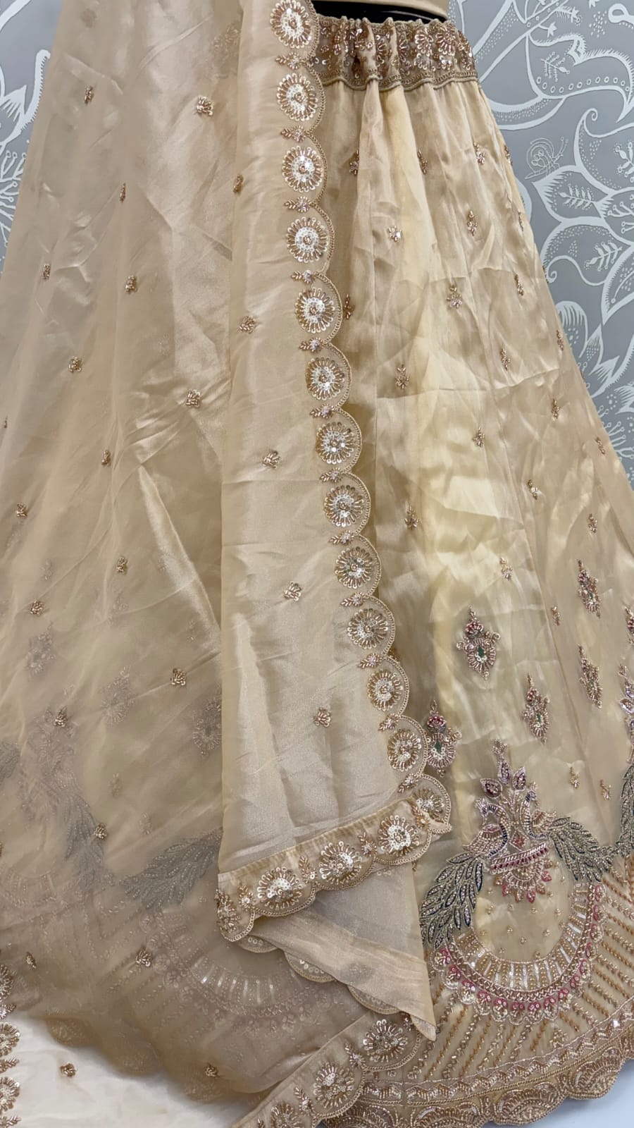 Off White Pure Chandnia Silk Handwork Motif Peacock Pattern Crystal Beads Multi Thread Dori &amp; Sequins Work Bridal Lehenga Choli