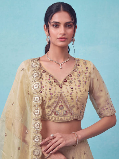 Off White Pure Chandnia Silk Handwork Motif Peacock Pattern Crystal Beads Multi Thread Dori &amp; Sequins Work Bridal Lehenga Choli