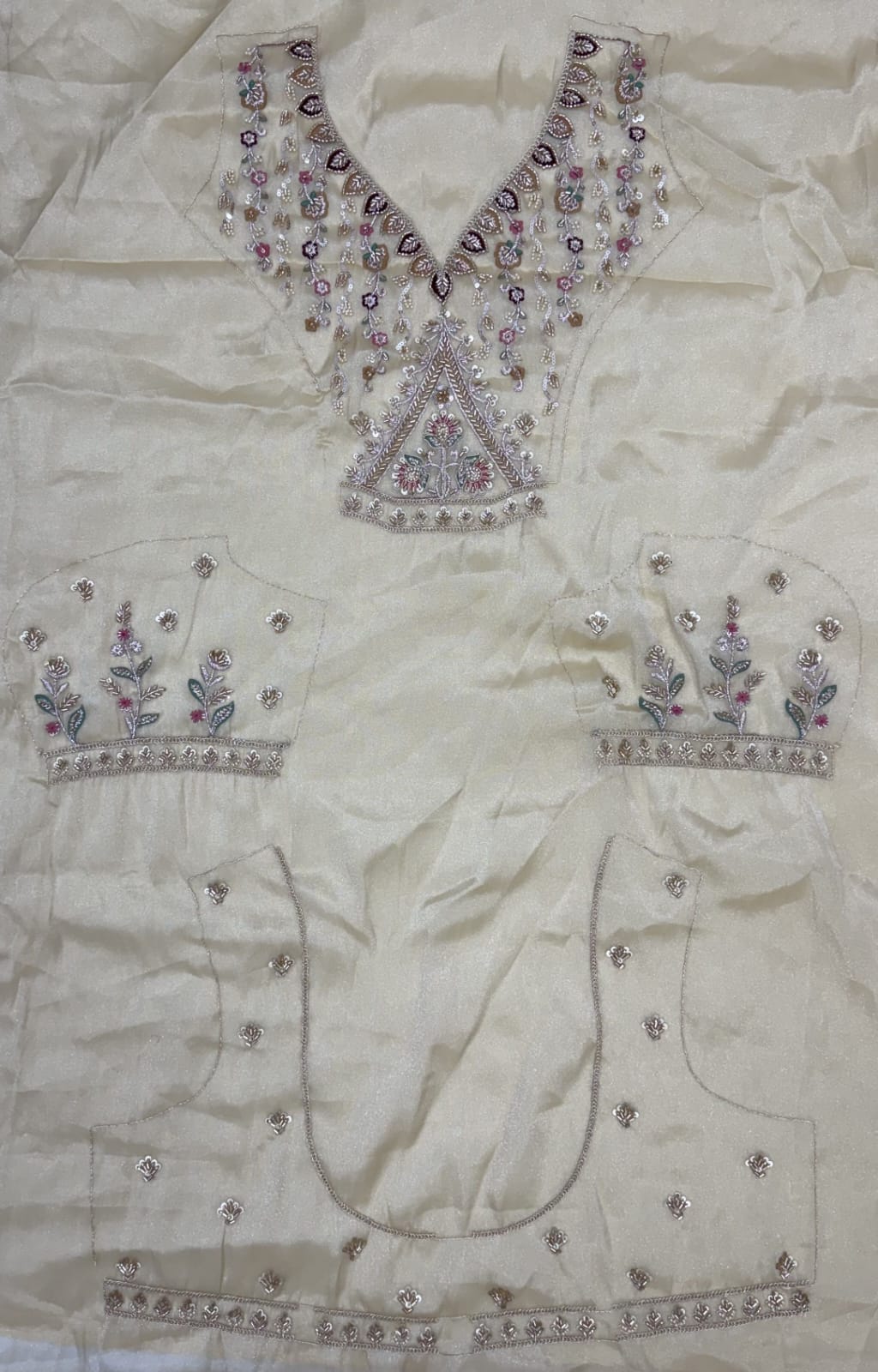 Off White Pure Chandnia Silk Handwork Motif Peacock Pattern Crystal Beads Multi Thread Dori &amp; Sequins Work Bridal Lehenga Choli
