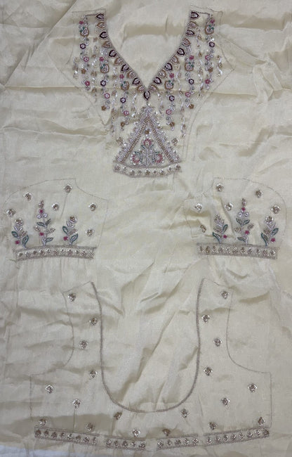 Off White Pure Chandnia Silk Handwork Motif Peacock Pattern Crystal Beads Multi Thread Dori &amp; Sequins Work Bridal Lehenga Choli