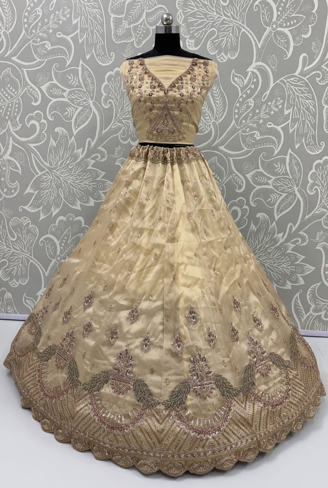 Off White Pure Chandnia Silk Handwork Motif Peacock Pattern Crystal Beads Multi Thread Dori &amp; Sequins Work Bridal Lehenga Choli