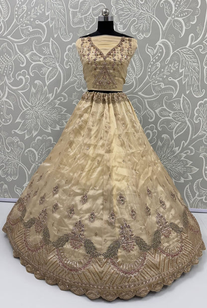 Off White Pure Chandnia Silk Handwork Motif Peacock Pattern Crystal Beads Multi Thread Dori &amp; Sequins Work Bridal Lehenga Choli