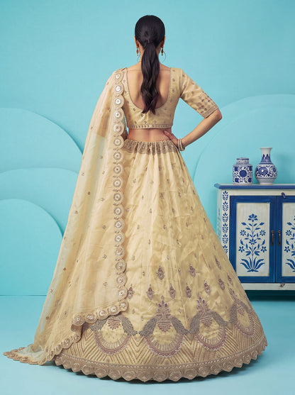 Off White Pure Chandnia Silk Handwork Motif Peacock Pattern Crystal Beads Multi Thread Dori &amp; Sequins Work Bridal Lehenga Choli
